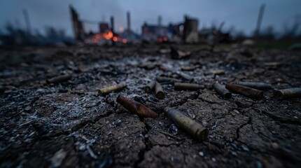 Obraz premium War Zone Aftermath Bullet Casings and Burning Ruins on Ashy Ground