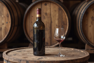 Close-up of a glass of wine with a bottle against the background of a wine cellar with barrels. Created using generative AI tools