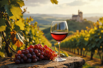 A glass of red wine against the backdrop of a medieval estate with a vineyard during sunset. Created using generative AI tools