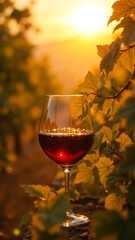 A glass of red wine against the backdrop of a vineyard during sunset. Created using generative AI tools.