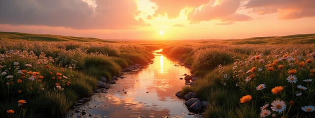 Naklejka premium Natural landscape, banner - view of meadow with wildflowers and river at sunset. Created using generative AI tools