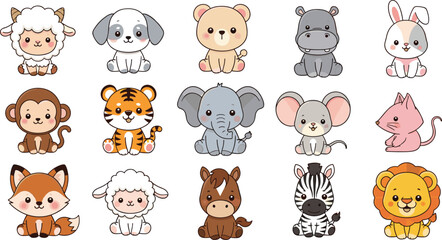 Obraz premium Cute Baby Animals Vector Illustration Set with Lion, Tiger, Elephant, Zebra, Monkey, Fox, Bear, Bunny and Farm Friends