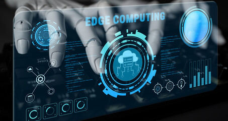 Fototapeta premium AI on edge computing devices for decentralized data processing and analysis. This AI solution improves speed by processing data locally. Motif