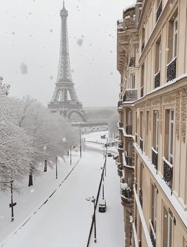 Snow-covered street leading to eiffel tower in paris winter wonderland
