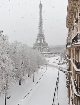 Snow-covered street leading to eiffel tower in paris winter wonderland