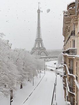 Snow-covered street leading to eiffel tower in paris winter wonderland