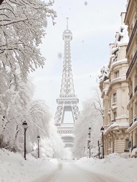 Eiffel tower standing tall in snow-covered paris street