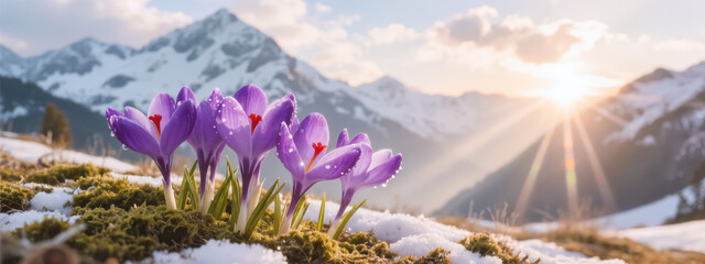 Fresh spring crocuses blooming against the background of snowy mountains, banner. Created using generative AI tools.