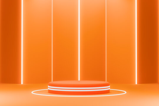 Orange podium with white neon stripes surrounded by vertical glowing light lines on orange studio background
