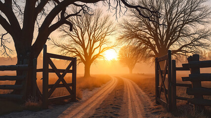 Autumn rural landscape - view of gate with dirt road at sunset. Created using generative AI tools