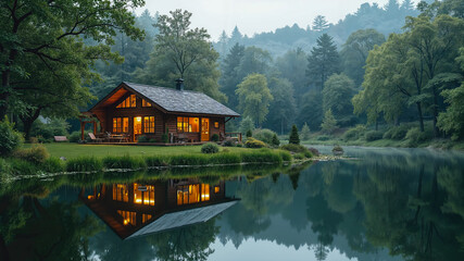 Obraz premium Landscape with a cottage near a lake in the forest. Created using generative AI tools