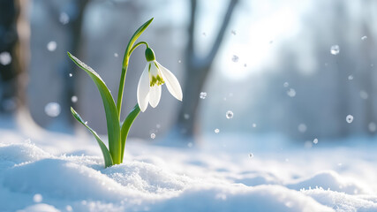 A close-up of a newly bloomed snowdrop breaking through the snow in early spring. Created using generative AI tools.