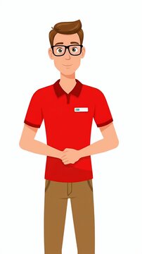 Friendly Male Employee Waving Hello and Gesturing with Hands Red Polo