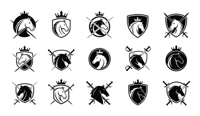 Collection of black and white heraldic emblems featuring stylized unicorns with crowns and shields © AIGen Studio