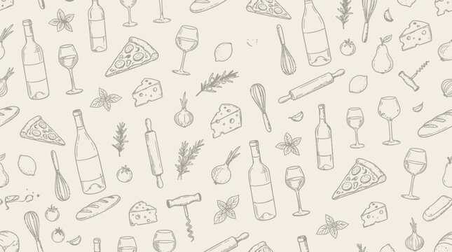 Hand Drawn Italian Food and Kitchen Utensils Seamless Pattern