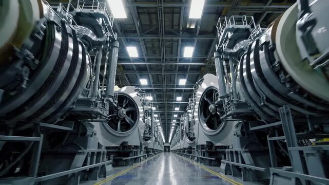 Hightech Factory Scene. Industrial Jet Engine Production With Precise Automation. Futuristic Industrial Setting Featuring Massive Turbine Casings And Precisely Arranged Robotic Assembly Stations