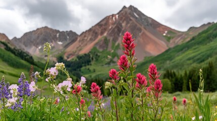 Fototapeta premium Vibrant alpine wildflowers bloom abundantly in the foreground of a majestic mountain range under an overcast sky.