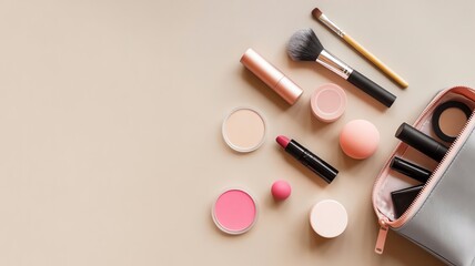 Flat lay of professional beauty makeup products: brushes, lipstick, blush, and a cosmetic bag on beige.
