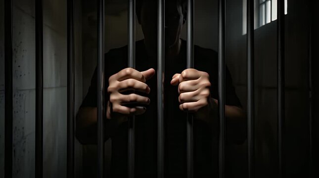 Silhouette of a desperate prisoner firmly gripping the dark metal bars inside a shadowy jail cell seeking freedom.