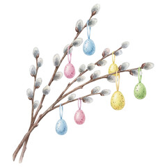 Watercolor illustration of pussy willow branches with pastel speckled Easter eggs hanging by ribbons, isolated on transparent background