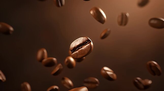 Numerous rich brown roasted coffee beans gracefully falling and scattering through the air against a warm, inviting dark background, ready for brewing aromatic coffee