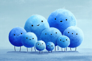 Cute blue cartoon characters standing together in a group