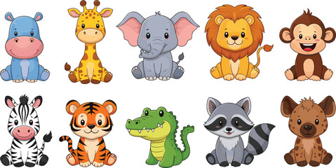 Fototapeta premium Cute Safari Jungle Animals Vector Illustration Set with Lion, Tiger, Elephant, Giraffe, Monkey, Zebra, Crocodile and Raccoon