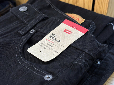 Novi, Michigan, USA - Mar 2, 2026 : Close-up of the leather tag on Levi's blue denim jeans, highlighting the classic Levi's 505 brand. Perfect for showcasing your stylish, brand-new Levi's apparel.