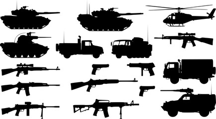 Obraz premium armed forces silhouette set. Collection of various realistic military vehicles and firearms. Vector illustration on white background
