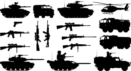 Obraz premium armed forces silhouette set. Collection of various realistic military vehicles and firearms. Vector illustration on white background