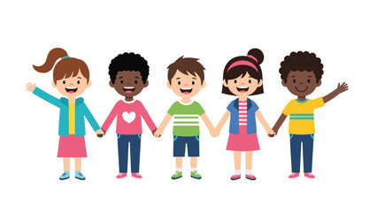 Fototapeta premium Group of five diverse and happy children standing in a row and holding hands as a symbolic gesture of global unity.