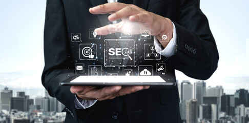 SEO concept for improving SEO visibility, with SEO related digital tools and SEO performance icons...