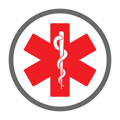Star of Life Medical Symbol with Grey Circle Border &ndash; Emergency Healthcare Icon Featuring Rod of Asclepius for Ambulance Services and First Aid Signage