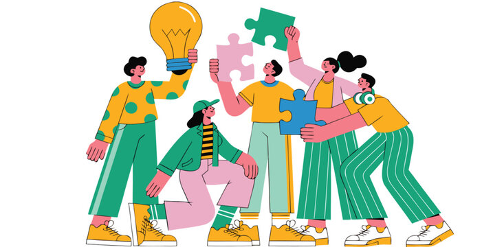 "Flat vector illustration of a creative business team working together with puzzle pieces and a large lightbulb, concept of brainstorming, teamwork, and innovative ideas."