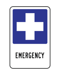 Obraz premium Emergency First Aid Sign with Blue Cross – Medical Assistance Safety Icon for Healthcare Facilities, Workplace Compliance, Public Buildings and Rescue Information