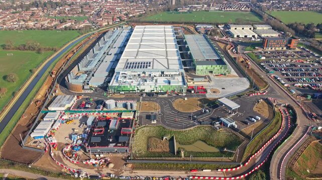 Aerial video of a large data Centre construction in Waltham Cross, Hertfordshire, UK