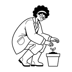 Hand Drawn Illustration of a Woman Scientist Tending a Small Plant in a Pot