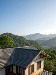 Obraz premium Serene mountain view from a modern house with a distinctive roof tiling