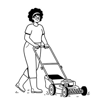 Smiling woman pushing a lawnmower in garden, hand drawn style vector illustration