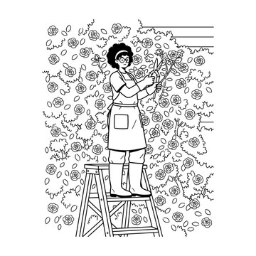 Hand drawn doodle illustration of a woman gardener pruning roses on a ladder
