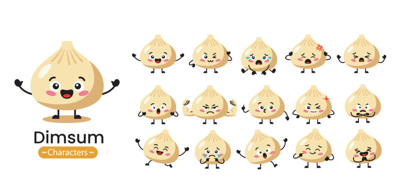Cute dim sum characters with various poses and expressions. Kawaii food cartoon illustrations set on isolated background