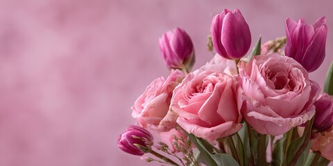 Obraz premium Bouquet of tulips and rose on a pink background