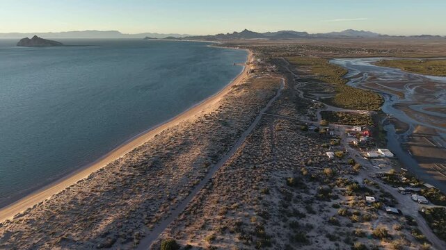 Kino Bay or beach in Sonora, Mexico, and mangrove forest of Estero de Kino or Estero Santa Cruz, a Ramsar wetland.