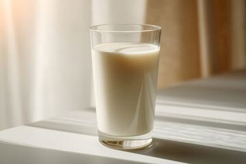 Glass of milk on a table with sunlight streaming through curtains in a home setting
