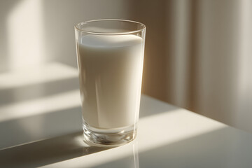 Tall glass of milk on a table with soft light and shadows in an indoor setting