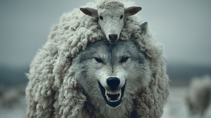 Obraz premium Metaphorical illustration of a snarling wolf wearing a sheeps wool pelt