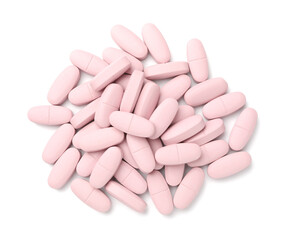 Pile of pills isolated on white, top view