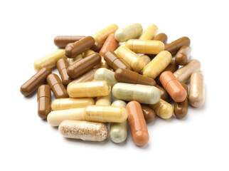 Pile of different pills isolated on white