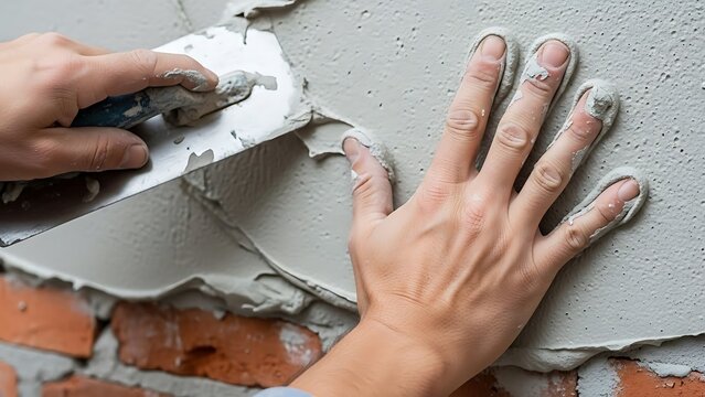 Plastering an Exposed Brick Wall with a Trowel and Bare Hand