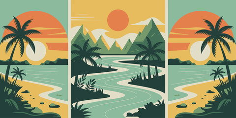Oasis Landscape Poster, Curved River Ripples Surrounded by Desert Palms and Muted Mountain Backdrop Artwork